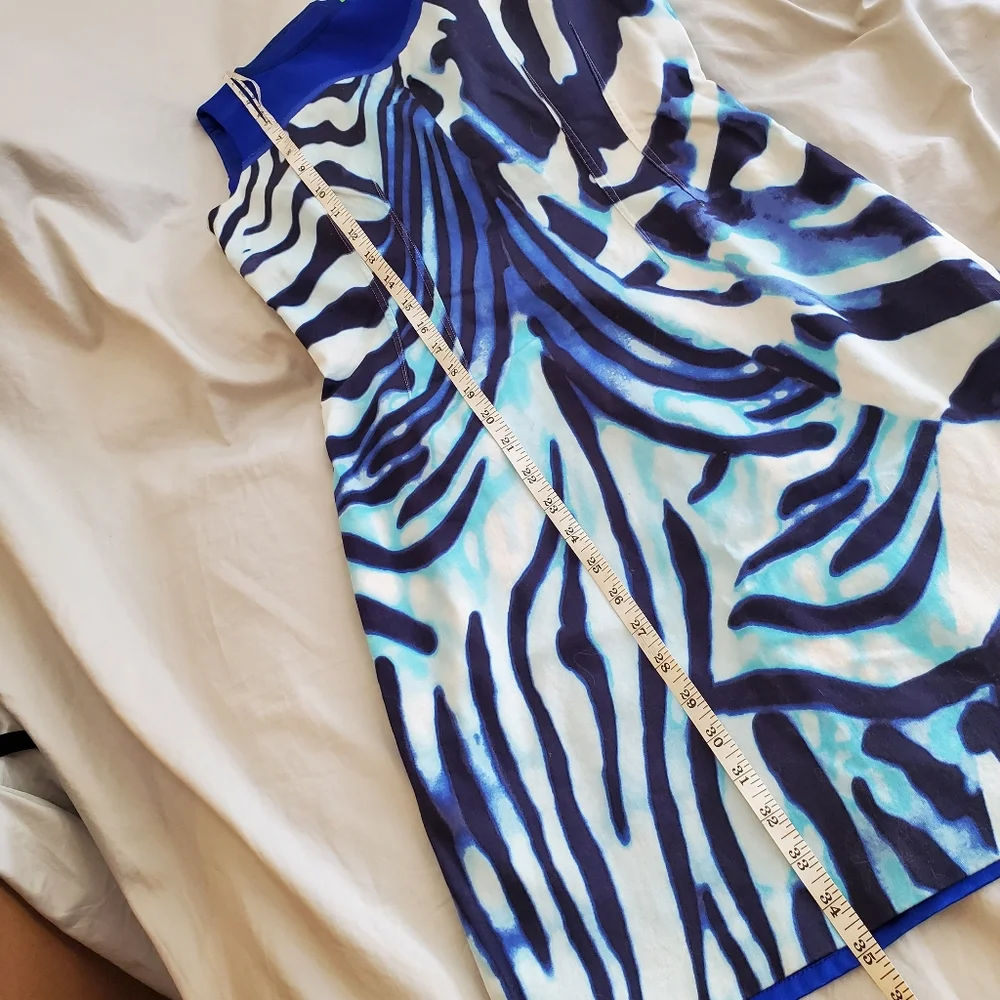 T Tahari Blue White Zebra Print Lined Sleeveless Dress Neon Zipper - Picture 2 of 7